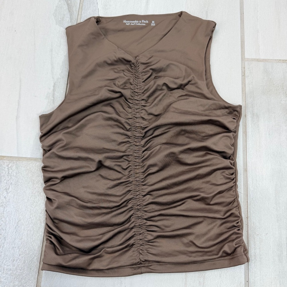 Abercrombie & Fitch Soft A&F Brown Ruched Sleeveless V-Neck Top XS